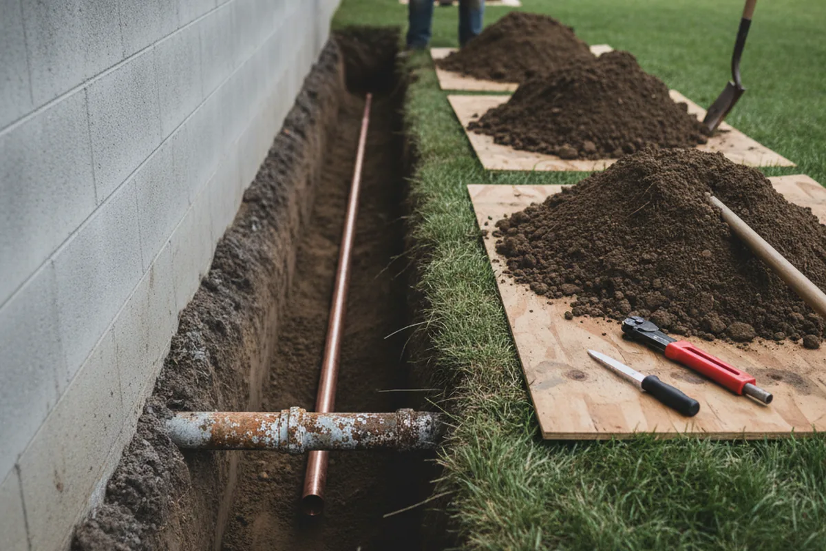 Excavated water line trench during Water Softener Installation in Antwerp